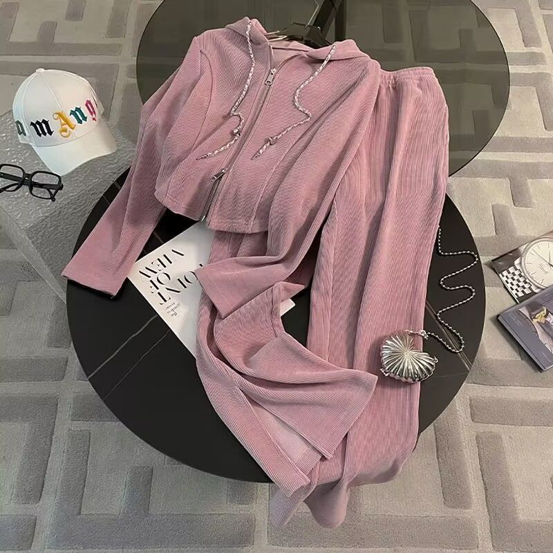 Casual Sports Suit for Women, Spring and Autumn New Loose Short Hooded Top with Draped Split Wide-Leg Pants Two-Piece Set