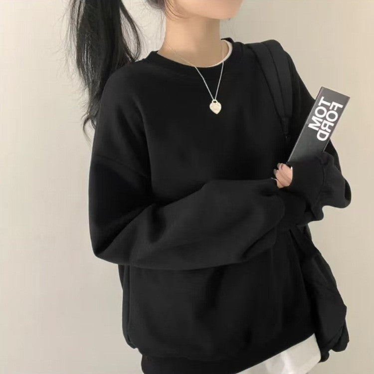 2025New Korean Style Round Neck Sweatshirt for Women, College Style Loose Fit, Best Friend Outfit, Solid Color Simple Top, Couple Matching Style