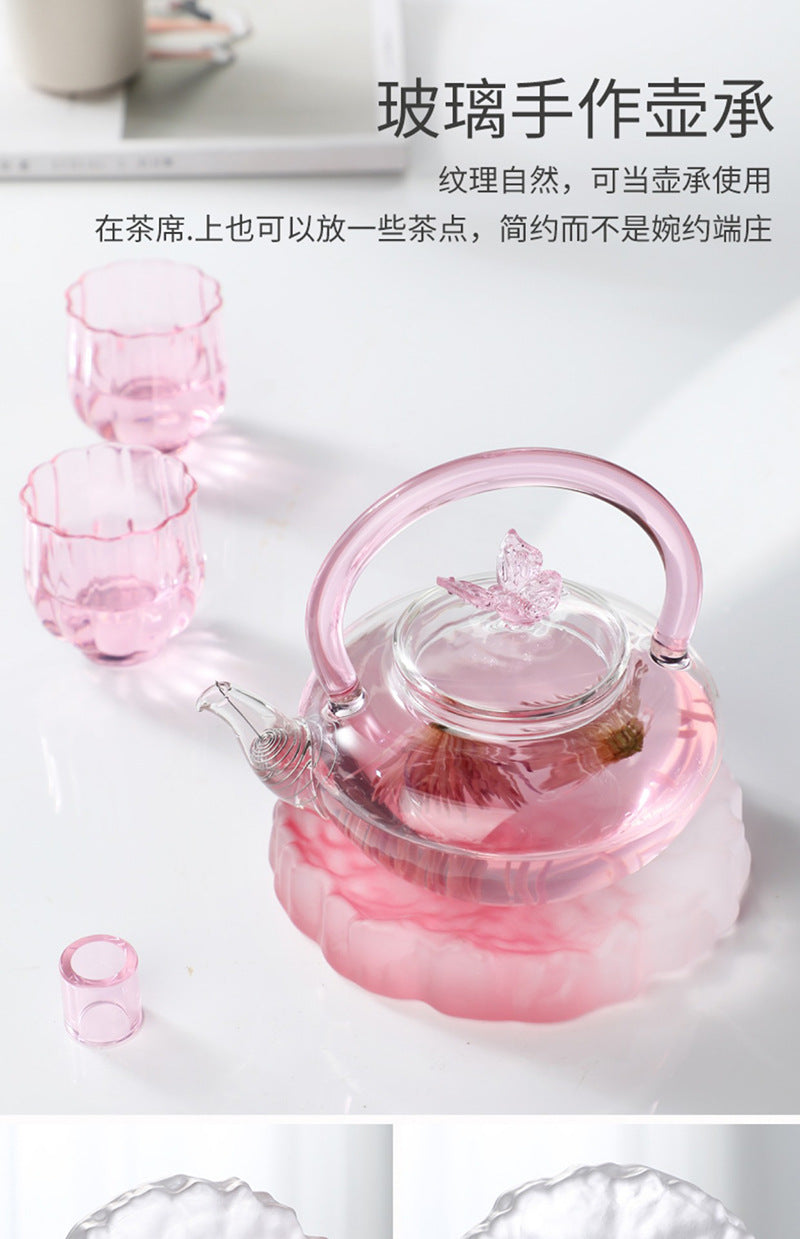 Teapot with Pink Handle Butterfly Teapot High Borosilicate Heat-Resistant Glass Teapot Electric Ceramic Stove Special Tea Brewing Teapot Flower Tea Teapot