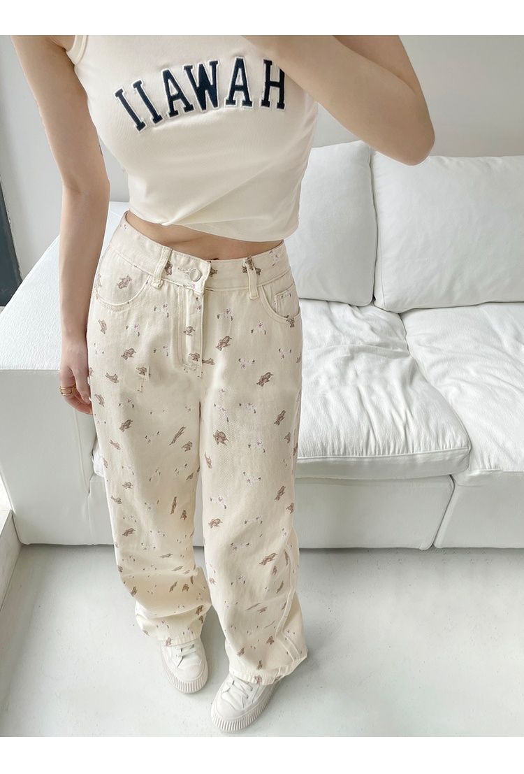 Yuejiaoer Original American Style Cartoon Bear Print Jeans for Women New Flared Loose Straight Wide-Leg Floor-Length Pants