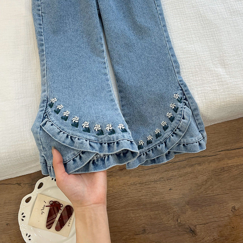 Girls' Denim Flared Pants Spring and Autumn New Style Korean Style Children's Slim Fit Spring and Autumn Outfit Baby Slightly Flared Pants Trendy