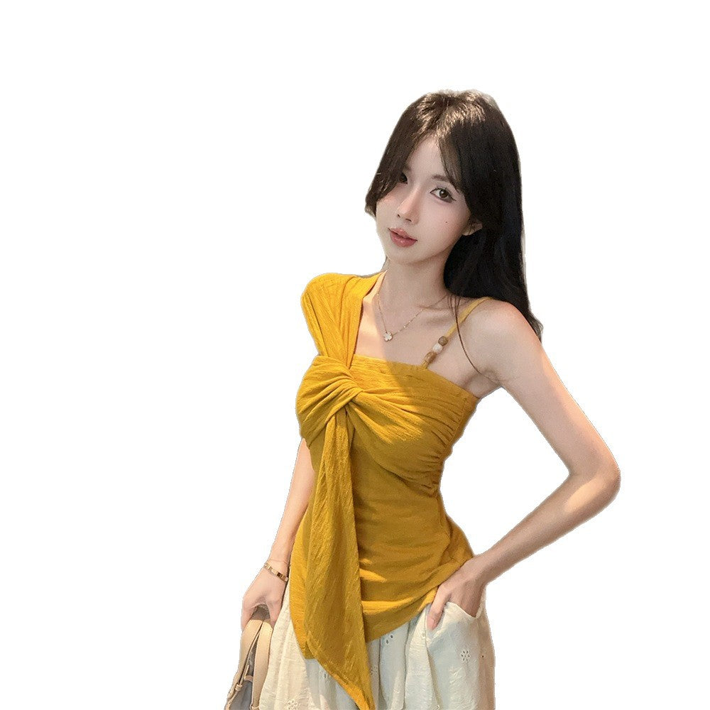 Pure Desire Hot Girl Off-Shoulder Twist t Women's T-shirt2025Summer New Slim Fit Fashionable Unique Design Top