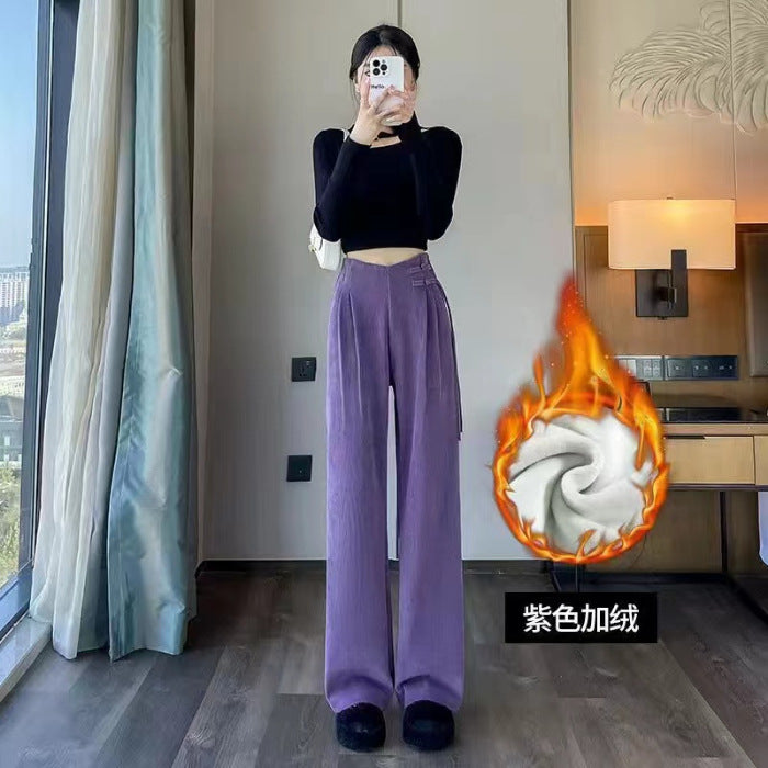 Maillard2025Autumn Winter New Chinese Style Buttoned Fleece Chenille Wide-Leg Pants for Women High Waist Draped Straight-Leg Casual Pants
