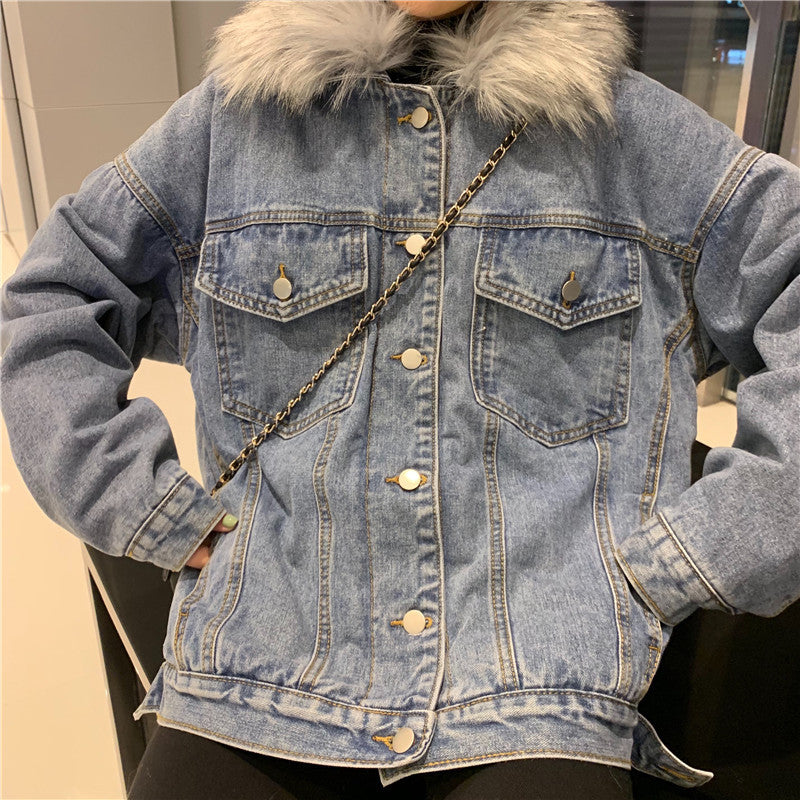 Cross-Border2022Winter New Korean Style Loose Thickened Fleece Rabbit Fur Inner Large Fur Collar Denim Jacket Women's Cotton Coat