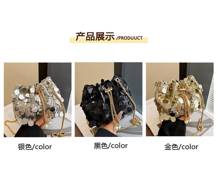 Trendy and High-End Sequin Bucket Bag2025Summer New Fashion Versatile Stylish French Chain Single Shoulder Crossbody
