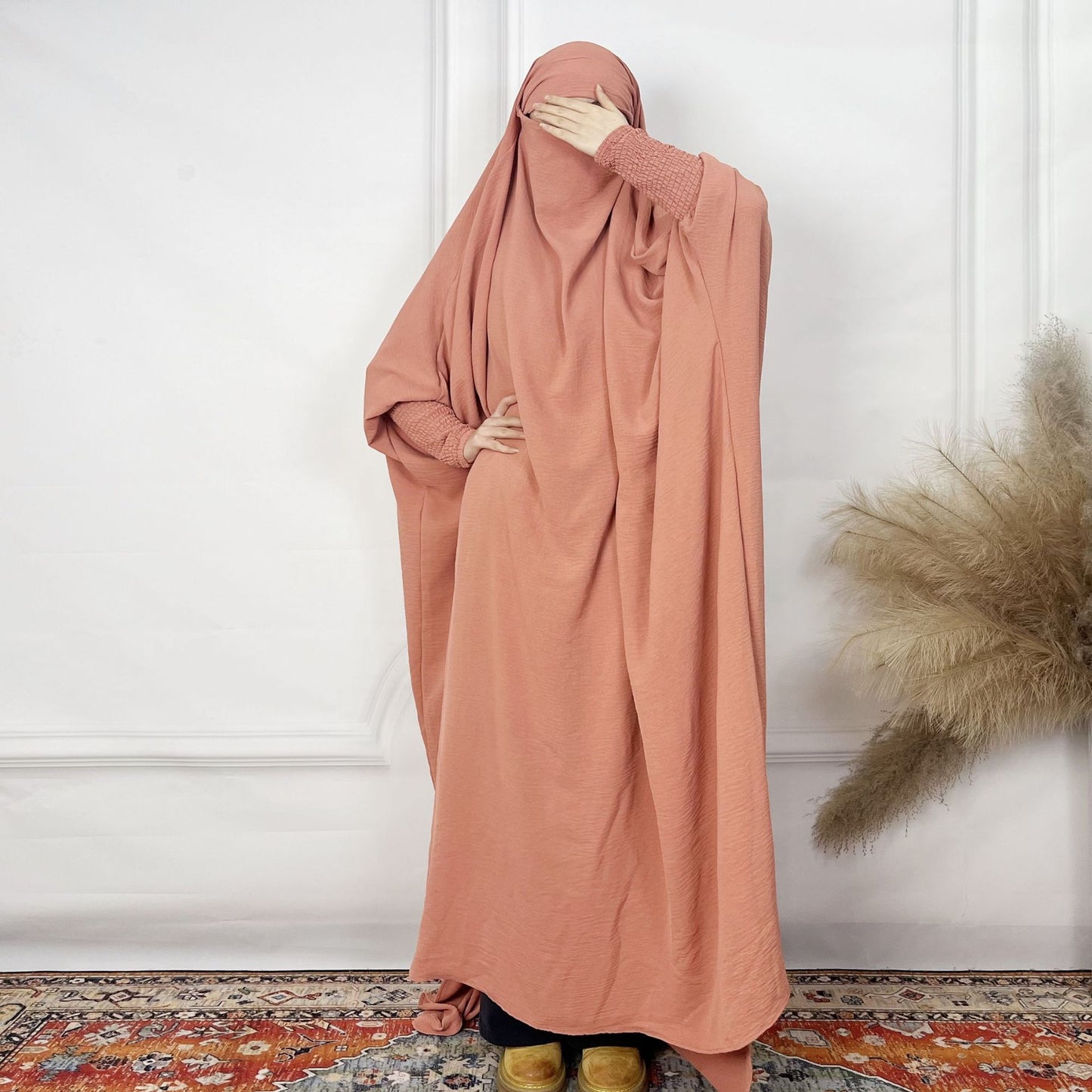 2024AliExpress Amazon Women's Dress Middle East Dubai One-Piece Solid Color Long Sleeve Prayer Robe