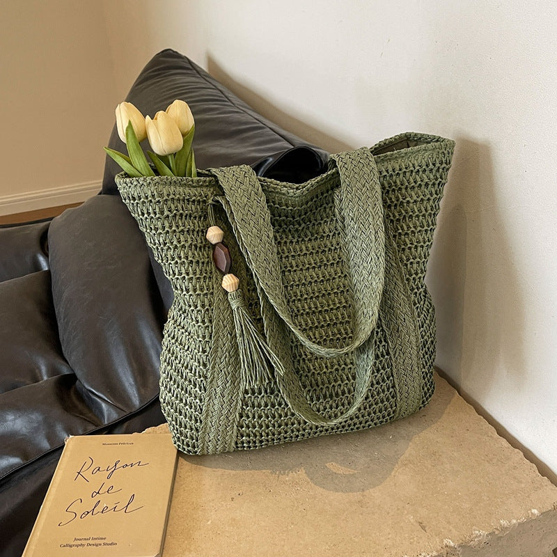 Cross-Border Hot-Selling Women's Bag Simple Large Capacity Lightweight Woven Bucket Beach Bag Trendy Straw New Handheld Shoulder Bag
