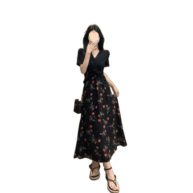 Plus Size Women's Tea Break French Style Dress Summer Hepburn Style Fake Two-Piece Floral Dress Slimming Waist Dress