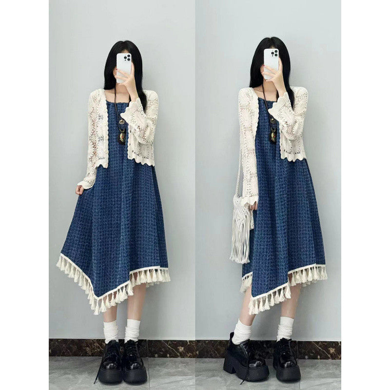 Vintage Design Summer Denim New Tassel Strap Dress for Female Students Hollow Out Sunscreen Cardigan Two-Piece Set