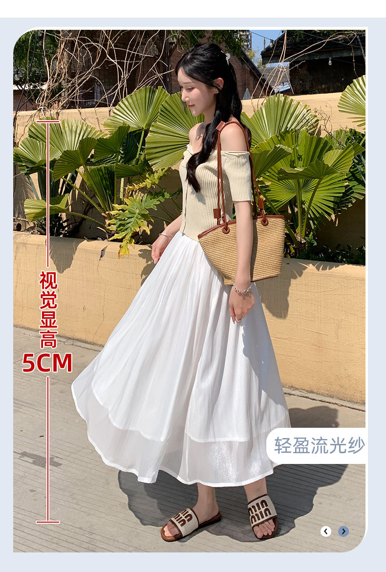High-end Flowing Sheer Skirt for Women in Summer2025New Style Glassy Sheer Large Hem Mid-Length Draped a Women's pleated skirt
