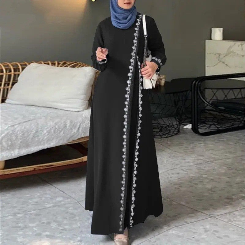 H726#Muslim Women's Clothing Lace Long Robe Dress Fashion Long Sleeve Vest Women's Spring Casual Dress