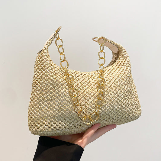 South Korea ins Vintage Woven Tote Bag Straw Bag Large Capacity Underarm Bag Shoulder Bag Vacation Style Beach Bag for Women