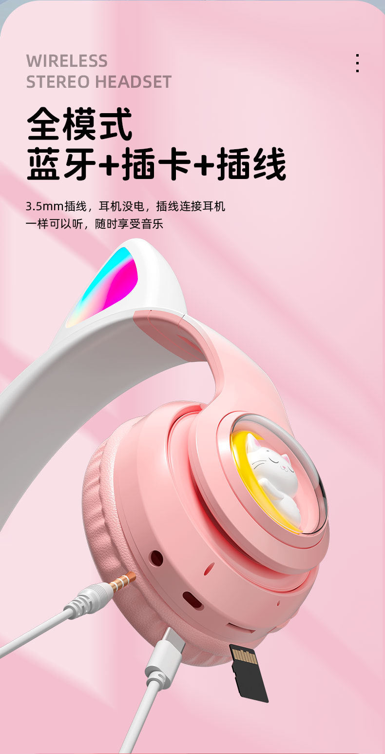 Space Capsule Cat Ear Bluetooth Headphones5.3Head-mounted Cute Glowing Cross-border Hot Item STN28S Ultra-long life battery