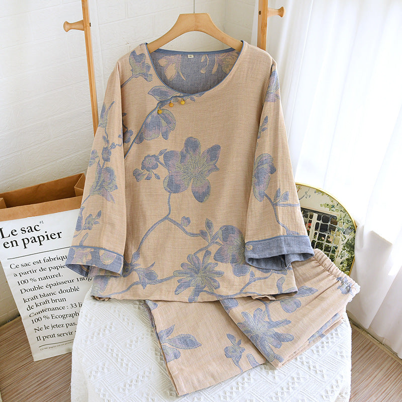 Women's Pearl Button Color Woven Jacquard National Style Pajamas Spring Four Seasons Thin Round Neck Pullover Homewear Set Suitable for Outerwear