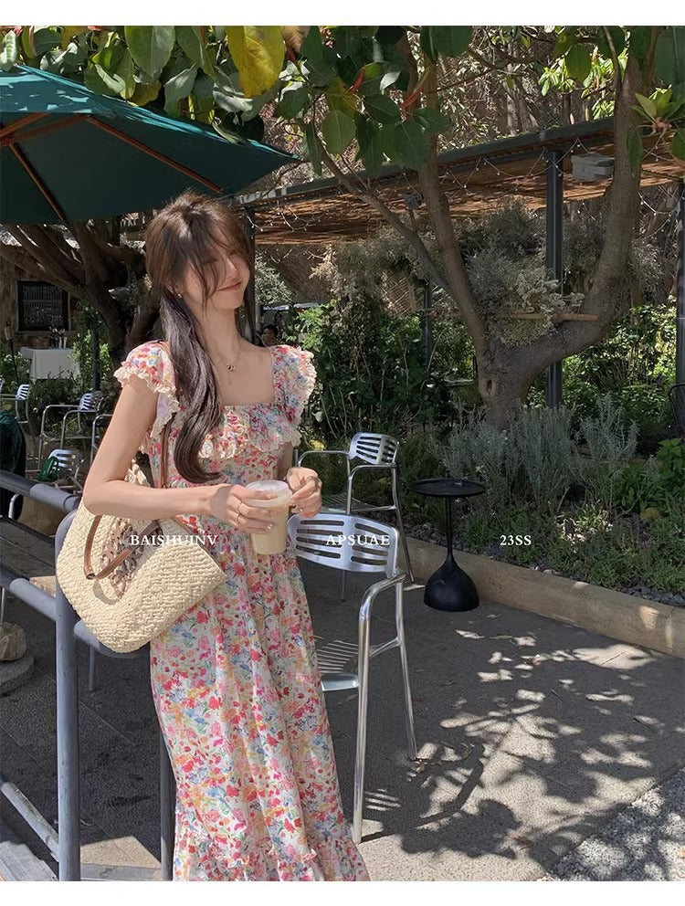 Floral Square Neck Slim Fit Women's Dress for Beach Vacation Casual Long Dress
