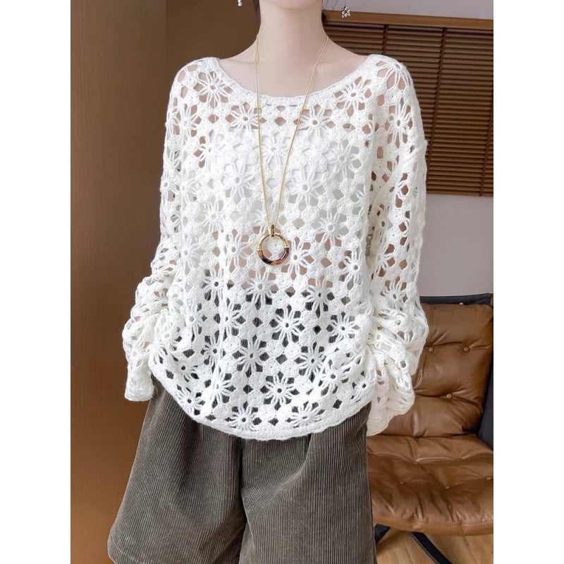 Early Autumn New Chinese Style Heavy Crochet Hollow Knit Sweater for Women100Commuting Autumn Lazy Style Sweater Cardigan