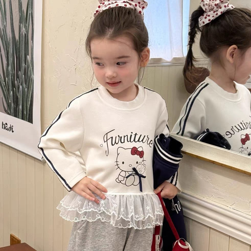 Sweet Little Chef Children's Clothing2025Autumn New Cute Girls' Toddler Outfit KT Cat Color Block Baseball Jacket Cartoon Sweatshirt Trendy