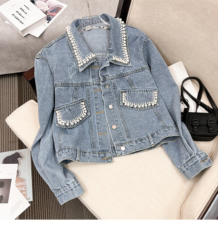 European Style Design Denim Jacket for Women, Loose Fit for Spring and Autumn2024New Heavy Beaded Jacket