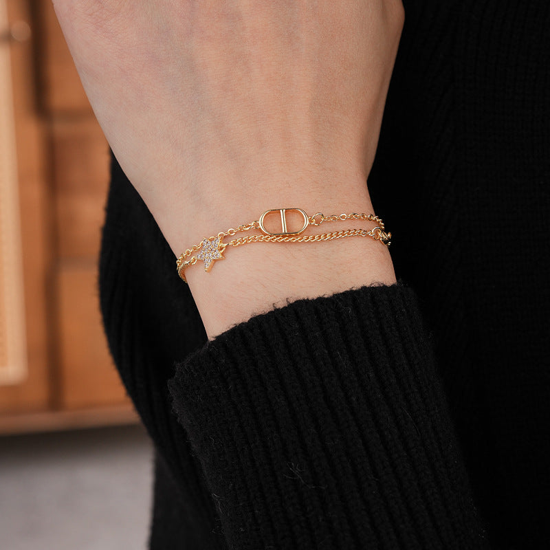 Zircon Star Pig Nose Double Layer Bracelet Niche Light Luxury High-end Versatile Fashion Commuting Vintage Jewelry