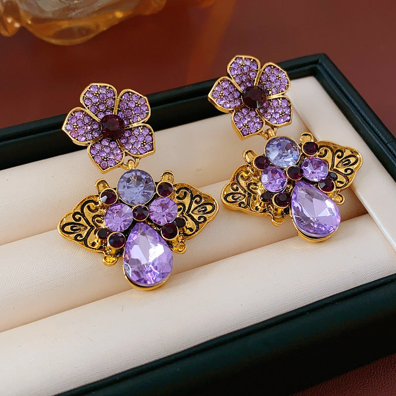 Medieval vintage Zircon Earrings Silver Needle Exaggerated Heavy Craft Flower Water Drop Studs Light Luxury High-end Feel Earrings for Women
