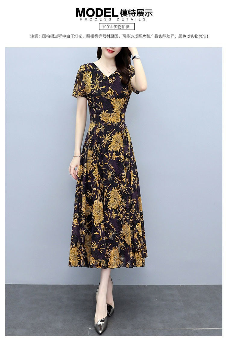 2022Summer New Chiffon Floral Dress Slimming Waist Plus Size Women mm Tummy-Covering Elegant Long Dress