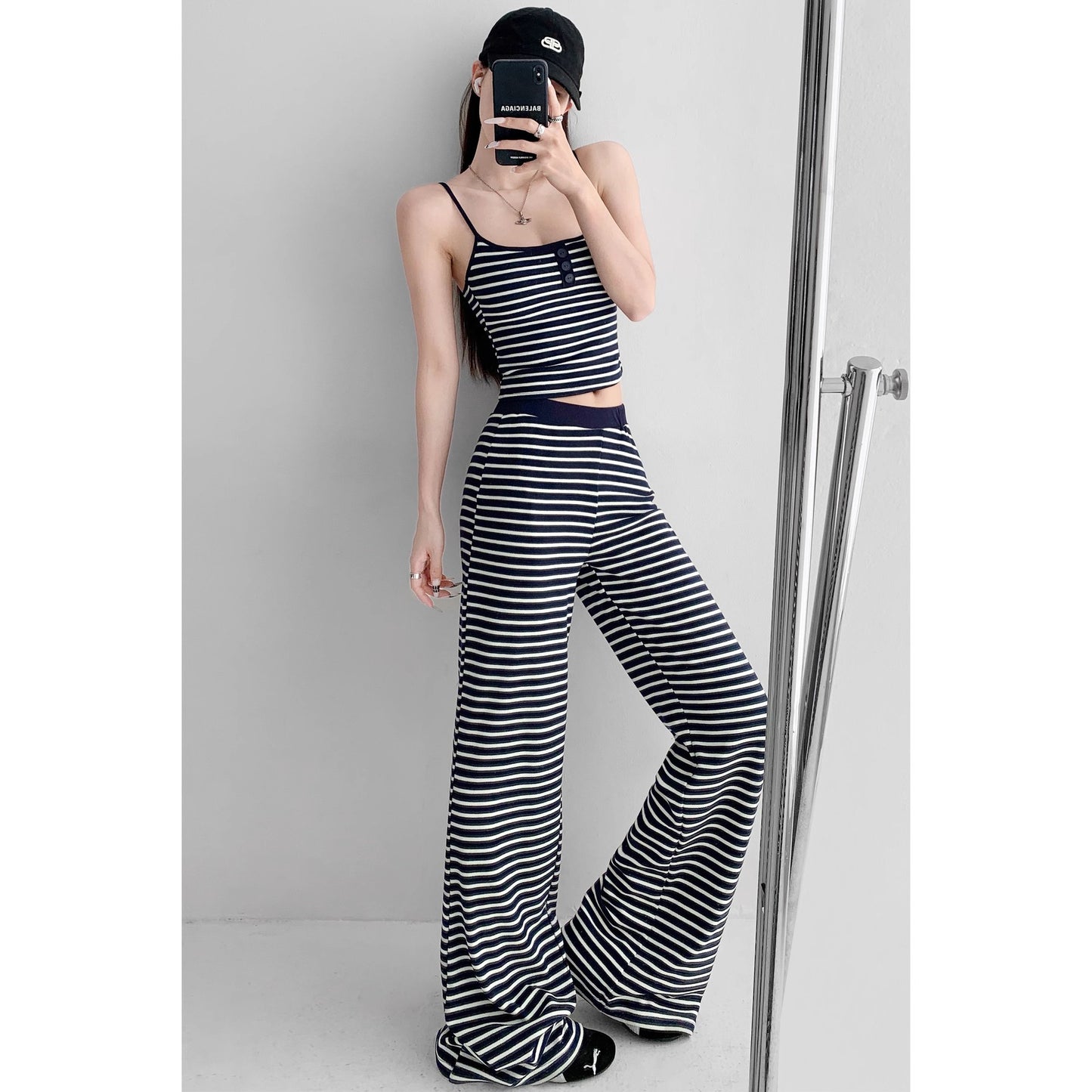Home Lazy Relaxed Striped Slimming Wide-Leg Pants for Women Summer Hot Girl Fashion Camisole Vest Casual Two-Piece Set