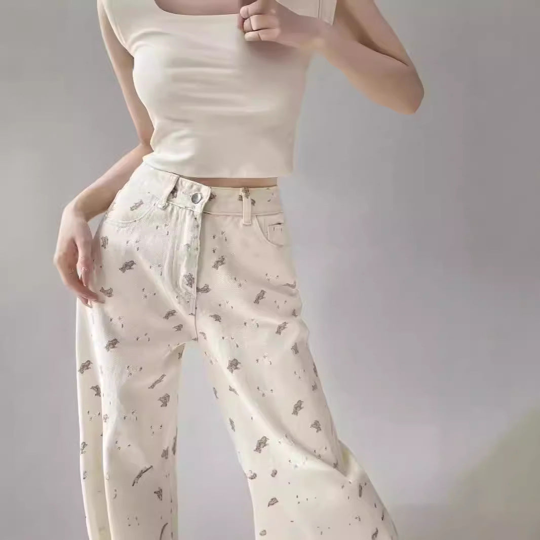 Yuejiaoer Original American Style Cartoon Bear Print Jeans for Women New Flared Loose Straight Wide-Leg Floor-Length Pants