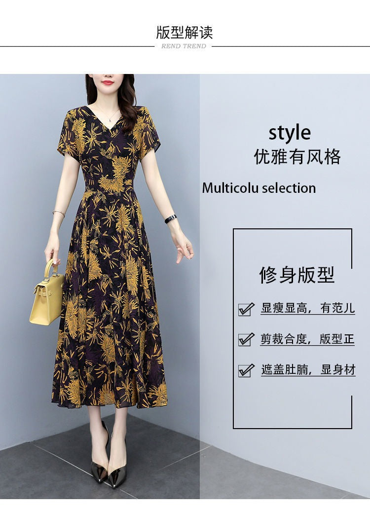 2022Summer New Chiffon Floral Dress Slimming Waist Plus Size Women mm Tummy-Covering Elegant Long Dress