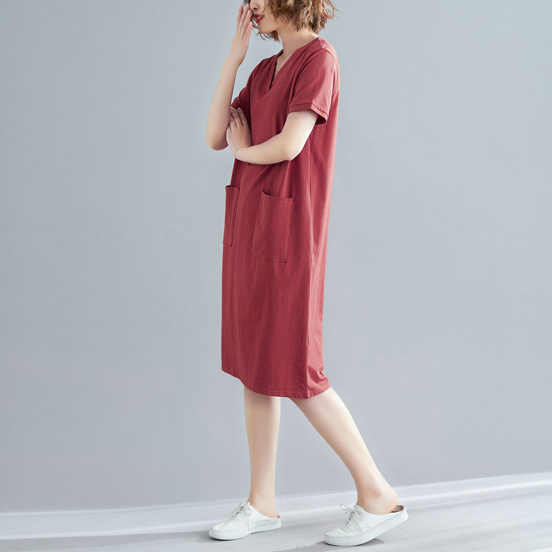 Plus Size Women's Summer Loose Korean Style Mid-Length Dress T Shirt and Skirt for Plus Size mm Solid Color V Collared Slimming Short Sleeve Dress