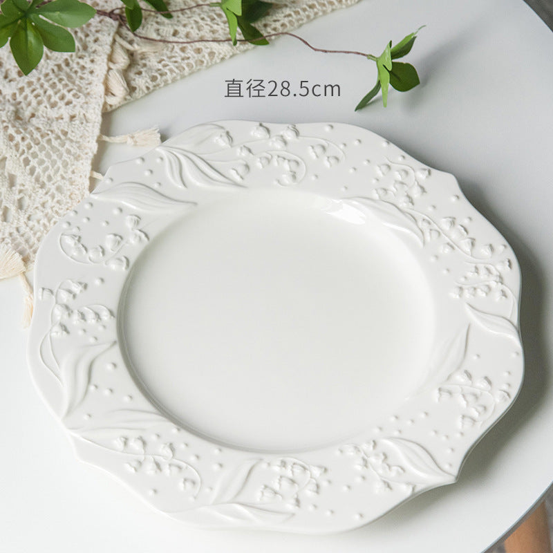 American Relief Lily of the Valley Series Lace Ceramic Western Pasta Plate Pastry Dessert Plate Deep Plate Household Dish Plate