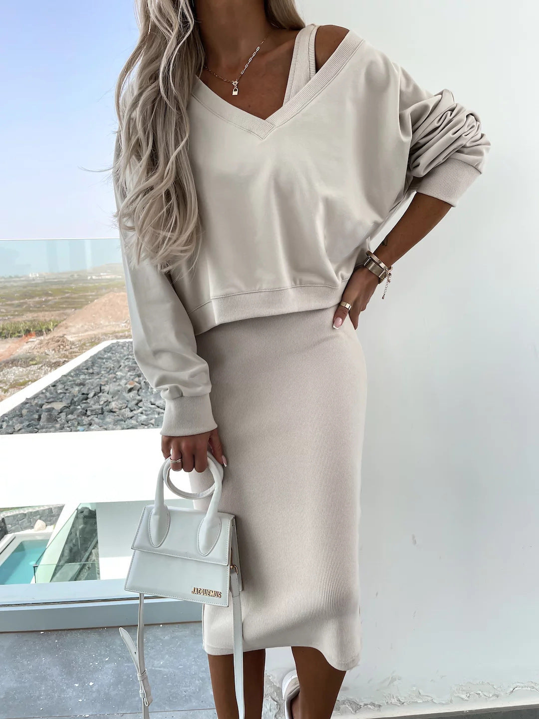 Amazon European and American Cross-Border New Spring Summer Women's Solid Color Clothing V Collar Long Sleeve Sweater Sling Slim Fit Long Dress2Set