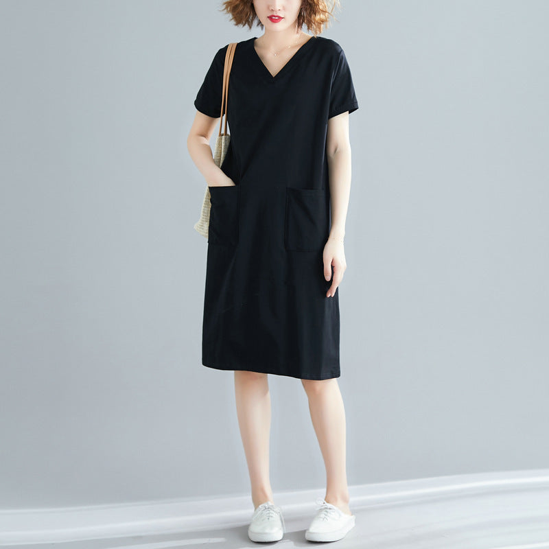 Plus Size Women's Summer Loose Korean Style Mid-Length Dress T Shirt and Skirt for Plus Size mm Solid Color V Collared Slimming Short Sleeve Dress