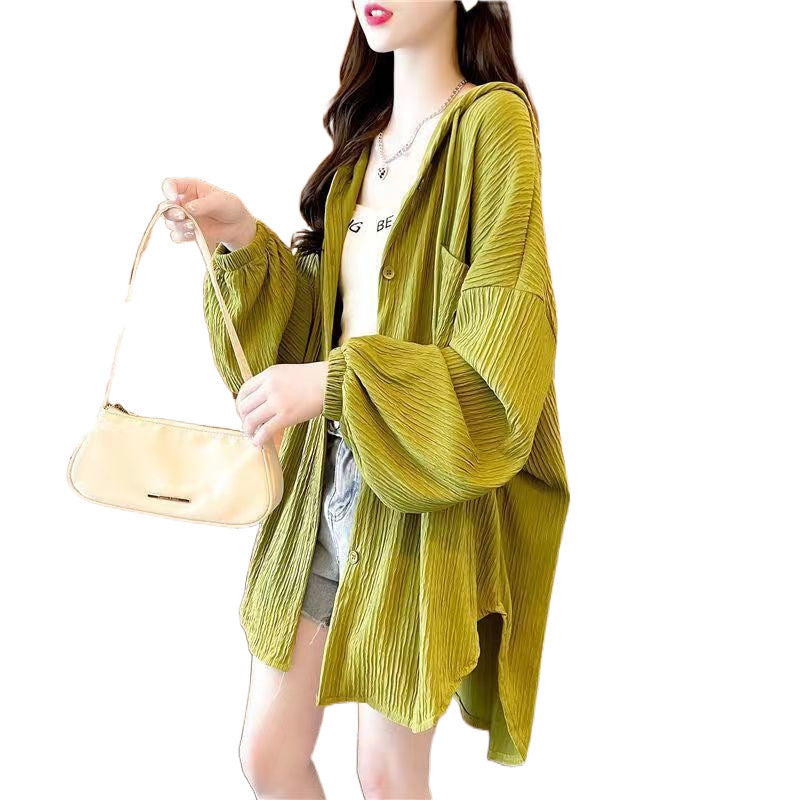 plus Size300White Long Sleeve Sun Protection Jacket for Women, Summer Versatile Mid-Length Loose Cardigan with Hood