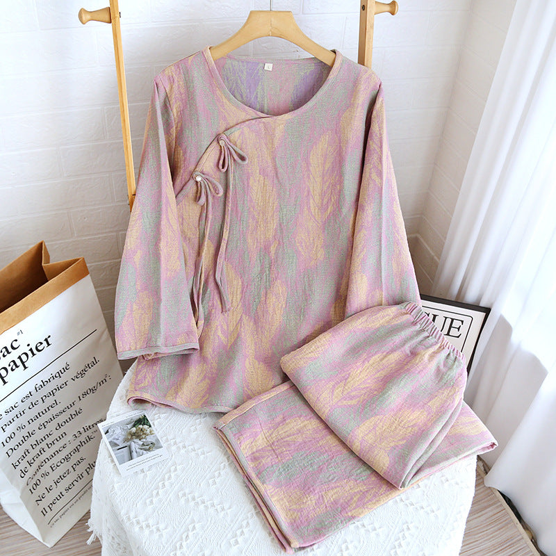 Yarn-Dyed Women's Thin Cotton Jacquard Feather Retro Chinese Style Spring Summer Homewear Loose Pajama Set Dropshipping