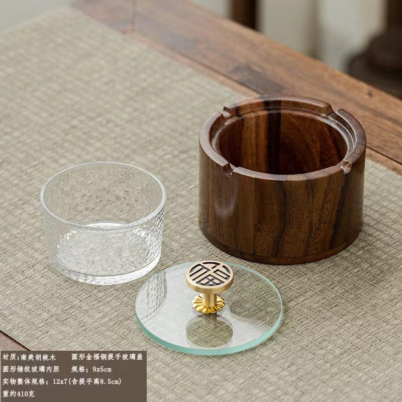 Walnut Ashtray for Home Living Room with Lid, Anti-Fly Ash, Stainless Steel Inner Liner, Creative Office Quality Ashtray