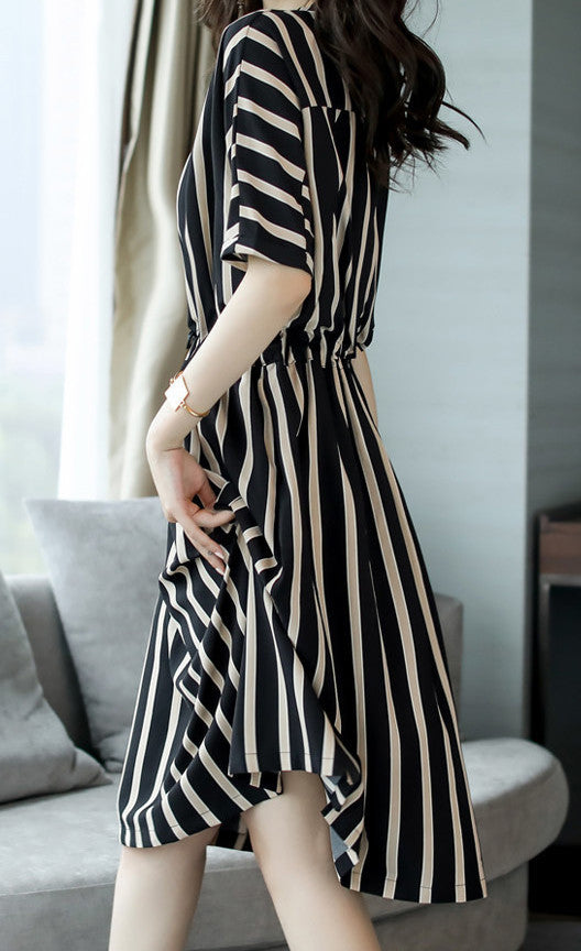 Beautiful Striped Dress2025Korean Style Lace-Up Waist-Cinching Loose Skirt Summer Mid-Length Plus Size Women's Clothing Wholesale
