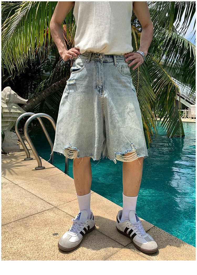 American Style Retro Washed Distressed Denim Shorts for Men Summer Cool Casual Loose Wide-Leg Five-Point Shorts