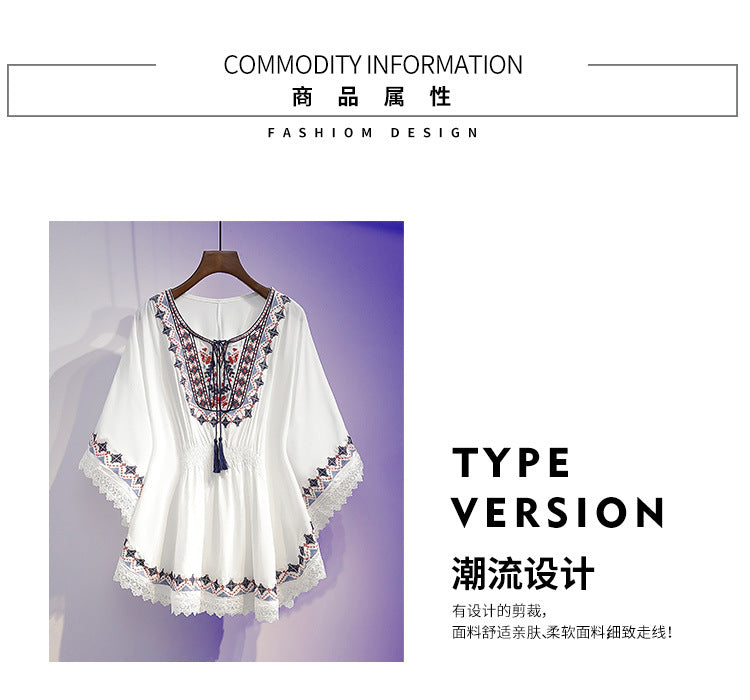 Summer Fashion Retro Slimming Top Women's Stylish Youthful Printed Five-Sleeve Round Neck Chiffon Blouse Women's Fashion