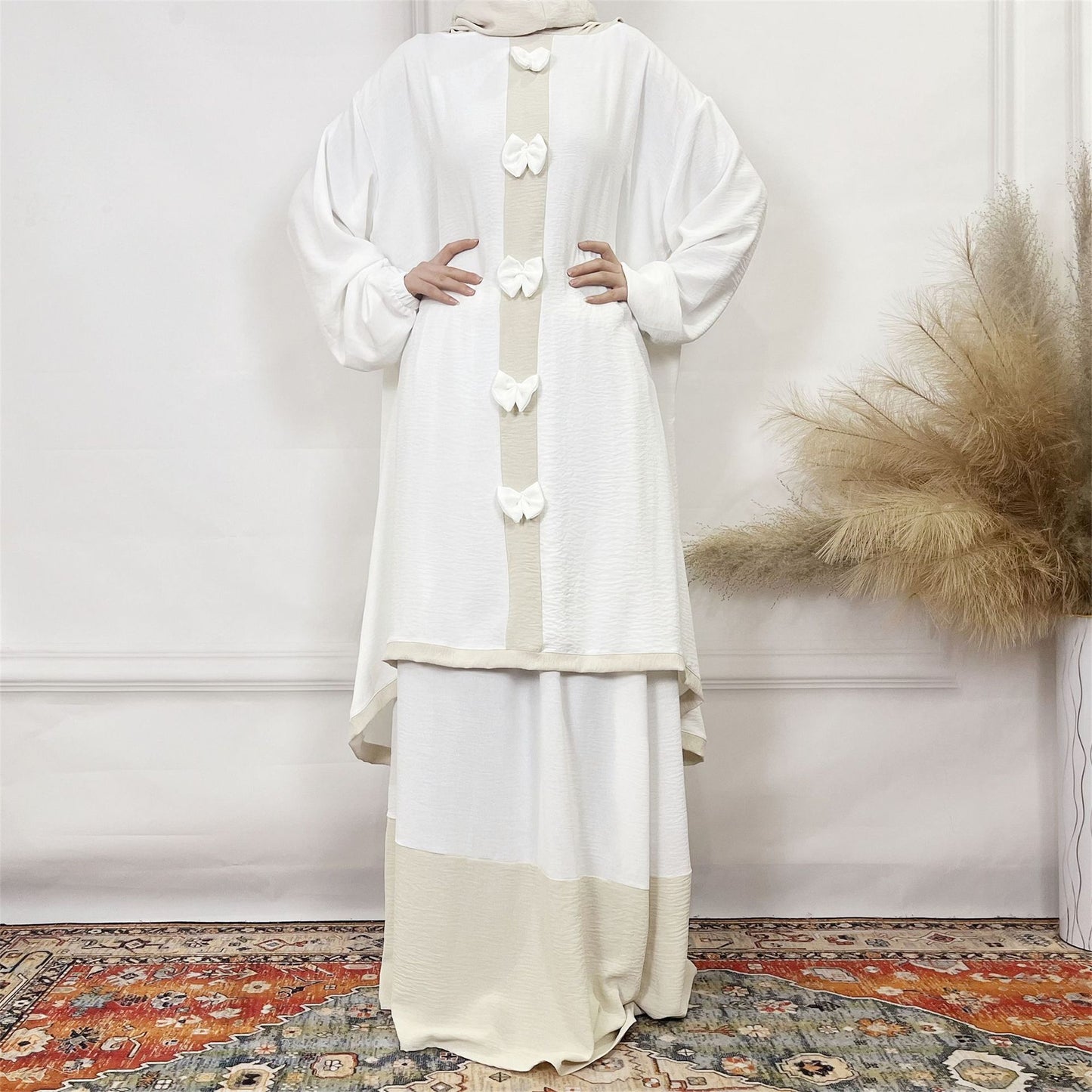 2024Aliexpress Muslims Fashion Women's Two-Piece Set with Bowknot, Solid Color Double-Layer Hat and Robe Set