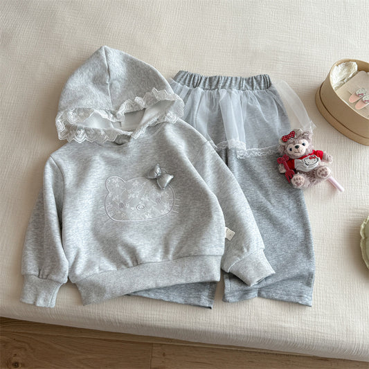 Sweet Little Girl Outfit Autumn New Fashionable Children's Stylish Girl Sweatshirt and Sweatpants Cartoon Print Two-Piece Set