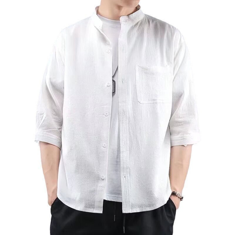 Japanese Retro Stand Collar Short Sleeve Shirt for Men Summer Trendy Brand Style Elegant Men's Shirt Plus Size Three Quarter Sleeve