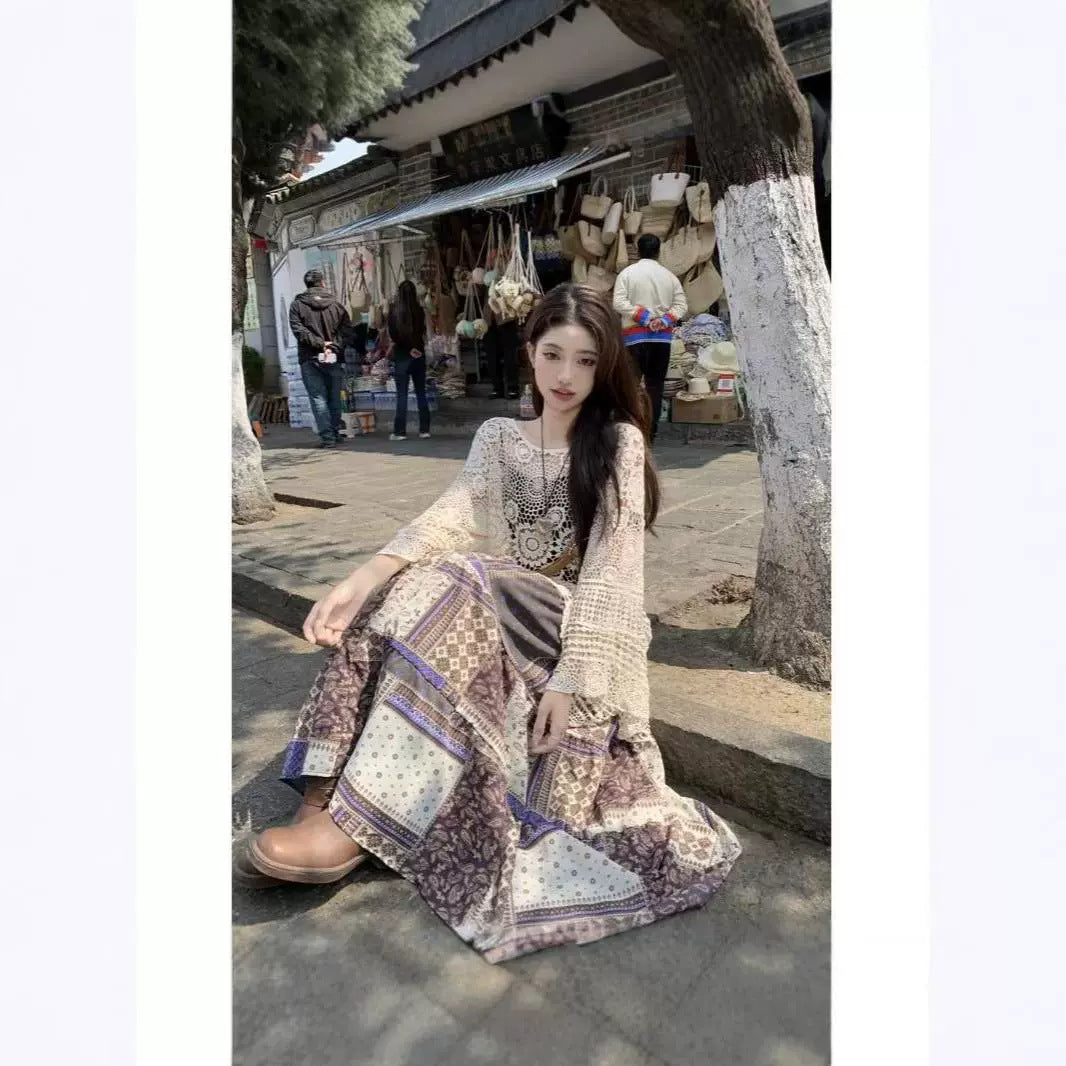 Bohemian Vacation Style Set Dress for Women Summer Hollow Out Sun Protection Knitted Cover-Up Printed Skirt Two-Piece Set
