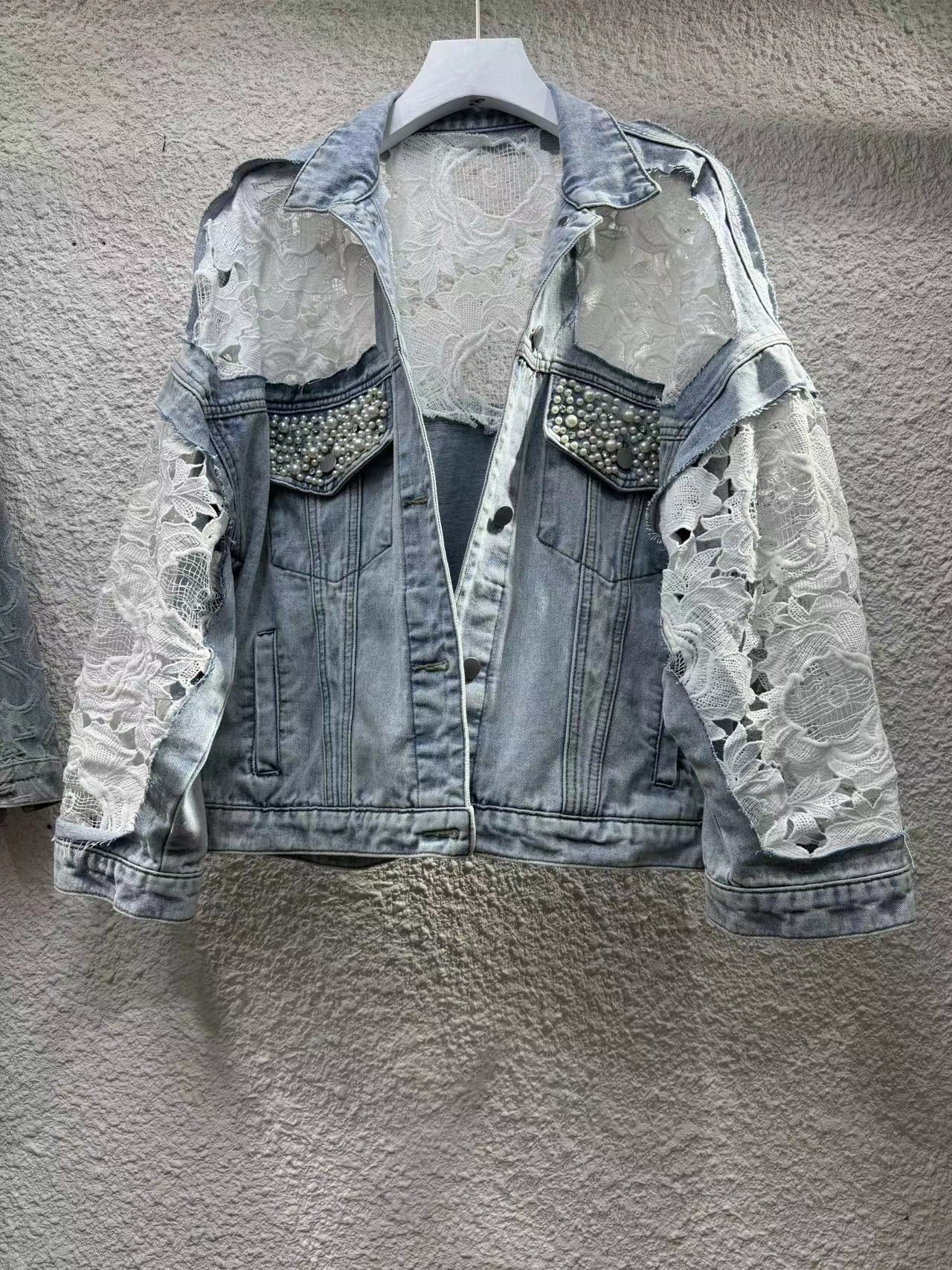 2024Spring and Autumn New Loose Versatile Sunscreen Mesh See-through Lace Embroidered Short Denim Jacket for Women Trendy Top