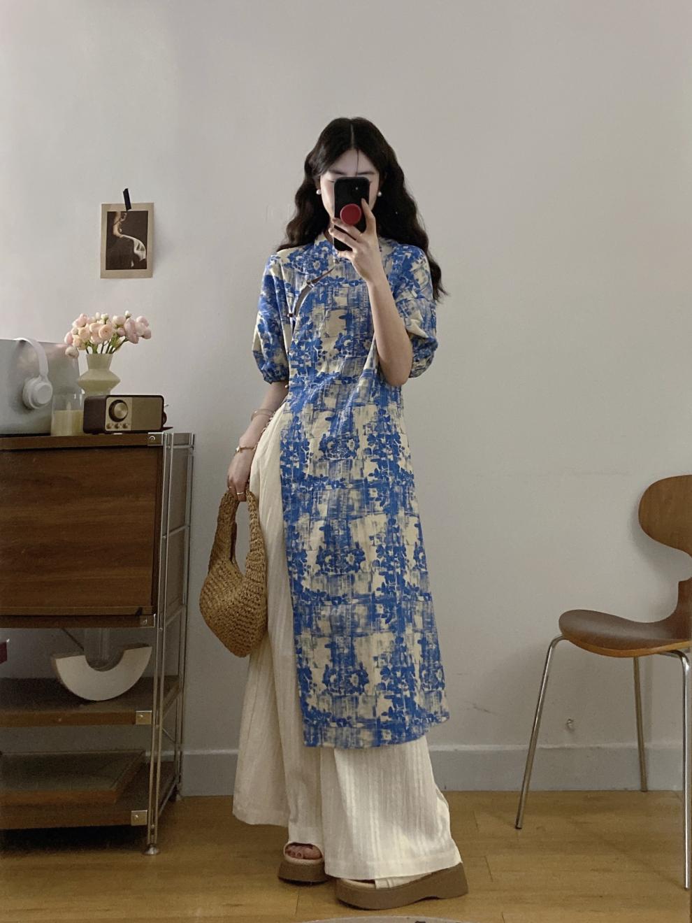 New Chinese Style National Style Set Gentle Temperament Super Beautiful Blue Floral Long Top Casual Long Pants Two-Piece Set