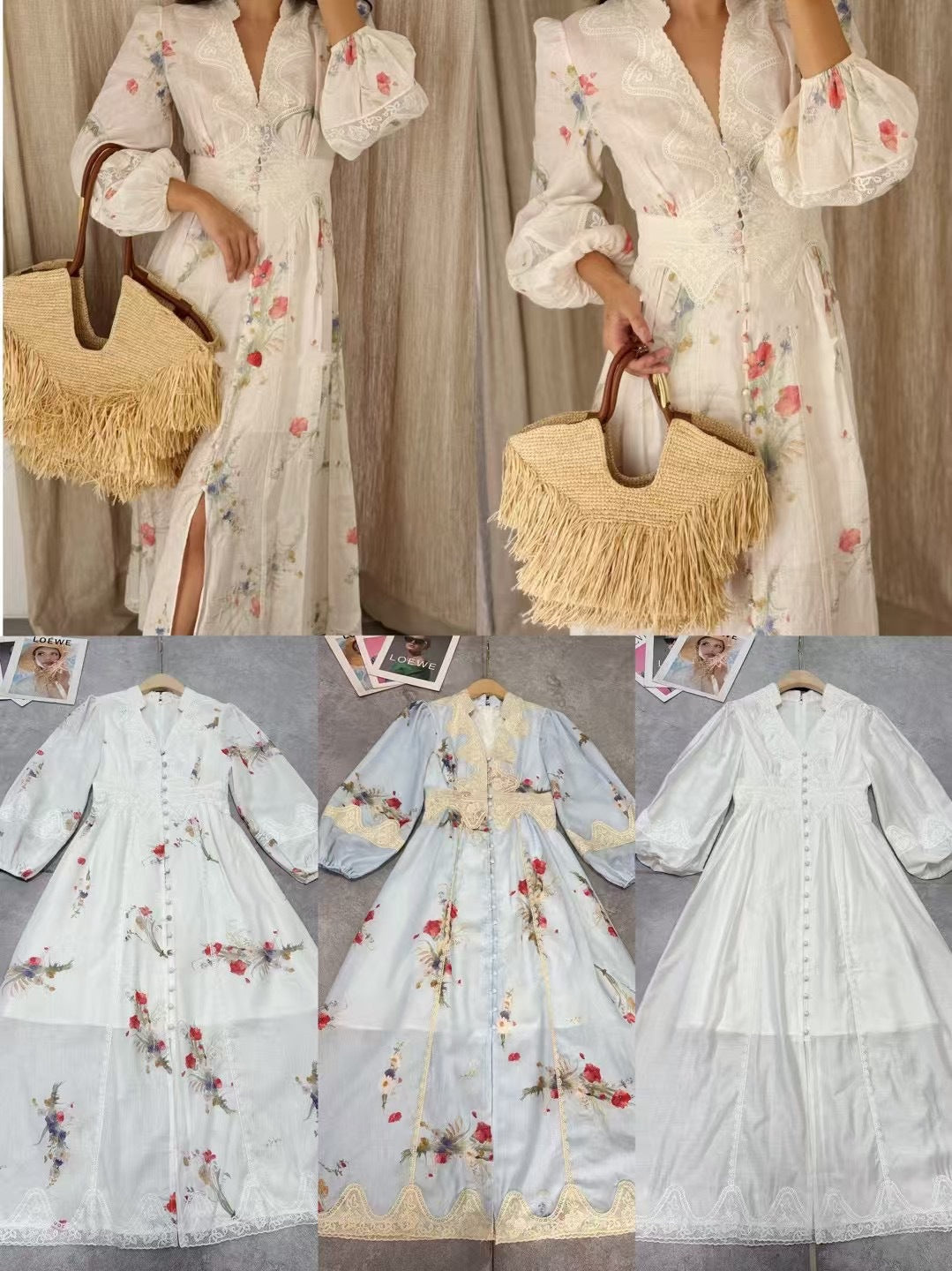 2025Spring and Summer European and American Cross-Border Palace Retro Style V Collared Waist Lantern Sleeve Printed Long Dress for Women