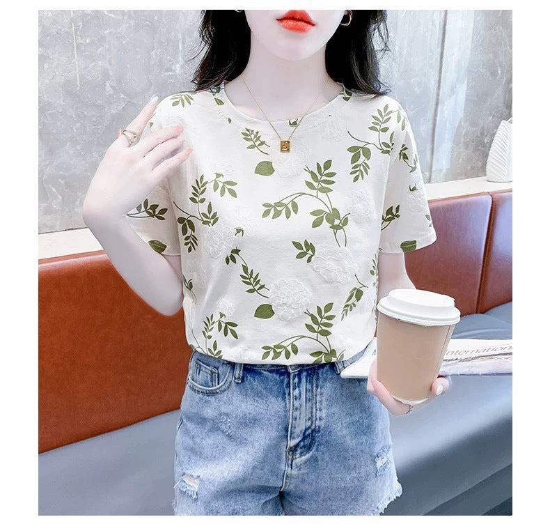 Cross-border new product milk silk round neck short-sleeved women's clothing T Floral Print Foam Base Shirt Loose Fit Women's Top