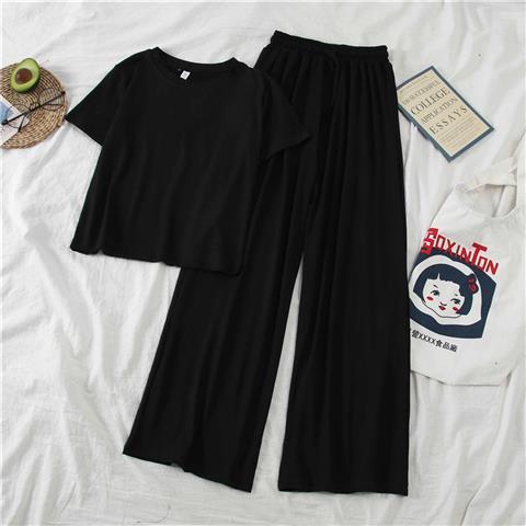 In Stock Cross-Border Amazon Summer New Korean Style Fashionable Petite Height-Enhancing Set Women Short Sleeve Wide-Leg Pants Casual Pants