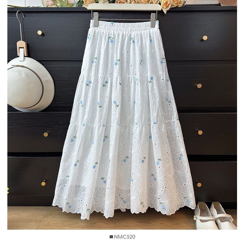 Embroidered Mesh High Waist Sweet2025New Floral Print Midi Skirt Spring Slimming Patchwork Long Skirt