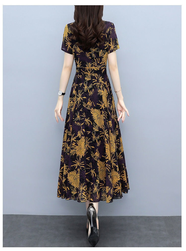 2022Summer New Chiffon Floral Dress Slimming Waist Plus Size Women mm Tummy-Covering Elegant Long Dress