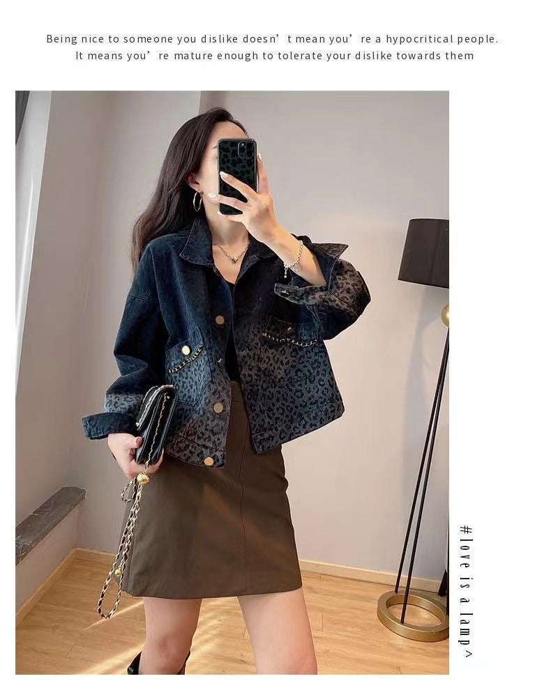 Black Vintage Leopard Print Denim Jacket for Women Fashion Short Coat Autumn Women's Clothing2022New Arrival Jacket